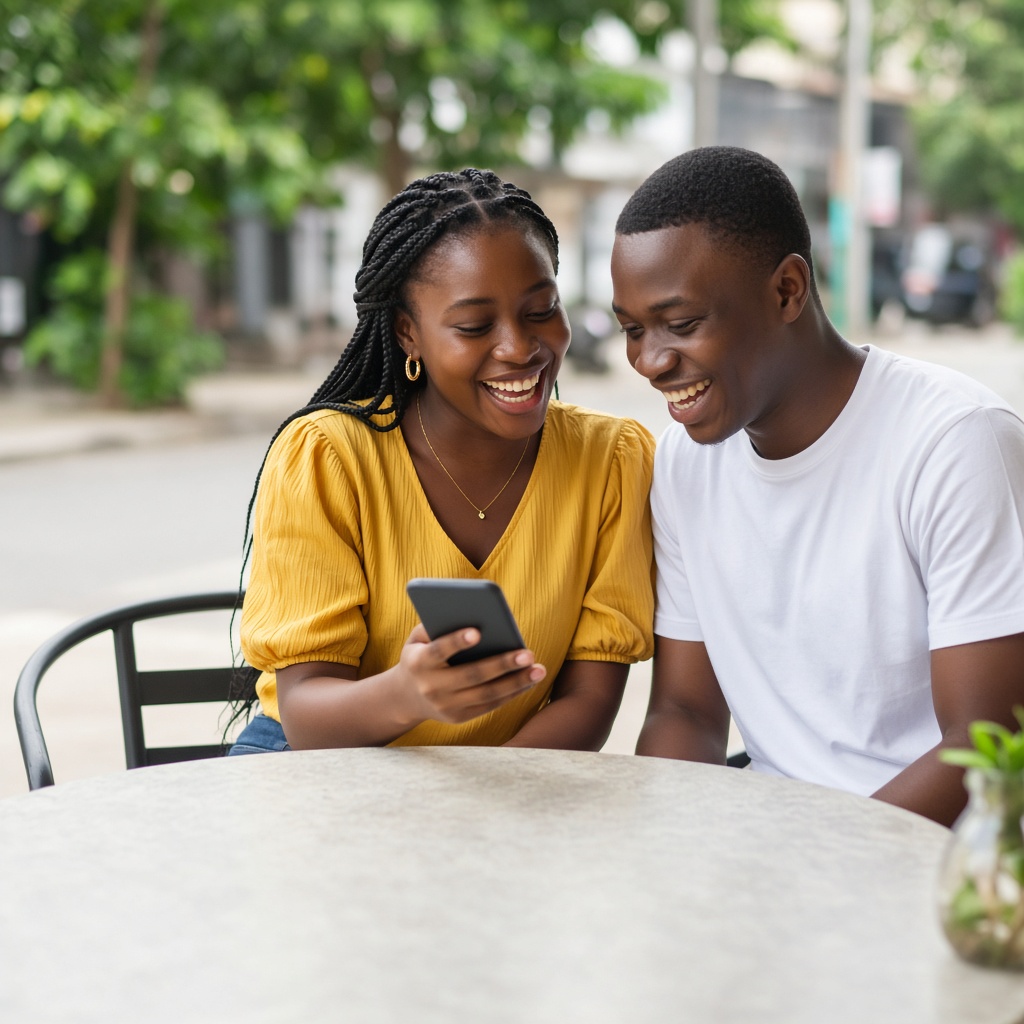 Two friends at a Lagos cafe smiling at a smartphone